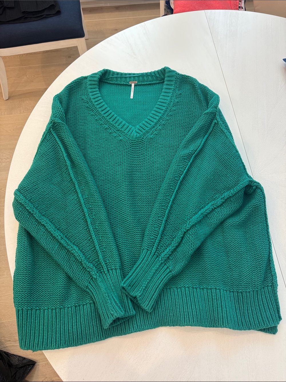 Free People Emerald Green V-Neck Chunky Knit Sweater